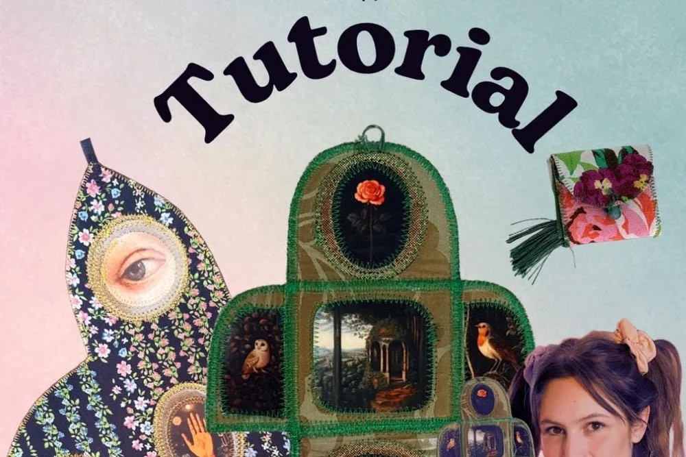 Cover of the Pocket Altar sewing tutorial: a green textile pocket altar with small framed pictures, and Johanna in the corner