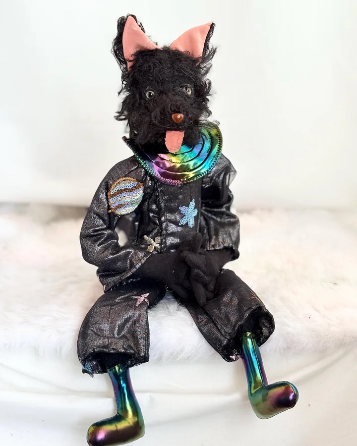 Laika the Space Dog, a black poseable textile art doll in a shiny space suit with rainbow boots